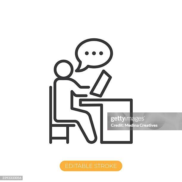 study icon. editable stroke thin line icon - elementary school student on computer stock illustrations