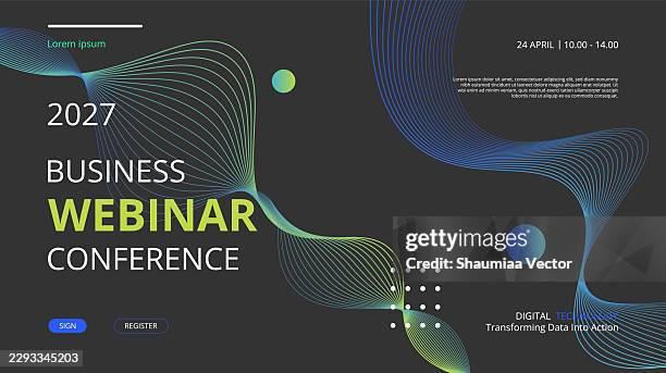 futuristic virtual event conference vector background, abstract flowing neon wave line on black background, modern corporate tech seminar landing page header banner design - powerpoint template black stock illustrations