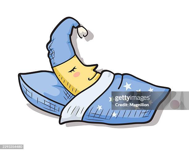 sleeping crescent moon in bed under starry blanket - bedtime stock illustrations