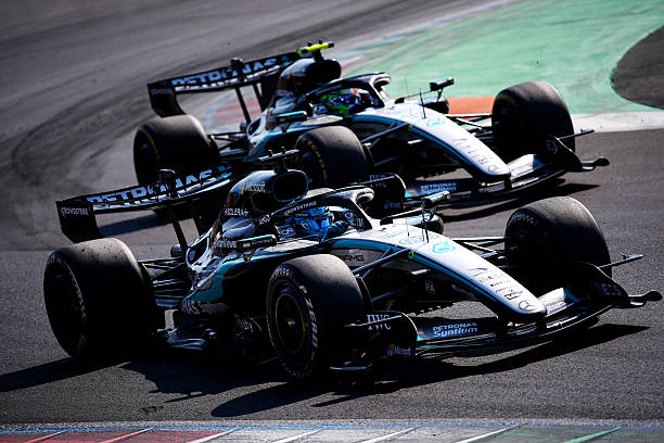 Mercedes driver George Russell ahead of team-mates Andrea Kimi Antonelli during the Italian Grand Prix at the Autodromo Nazionale Monza in Italy....
