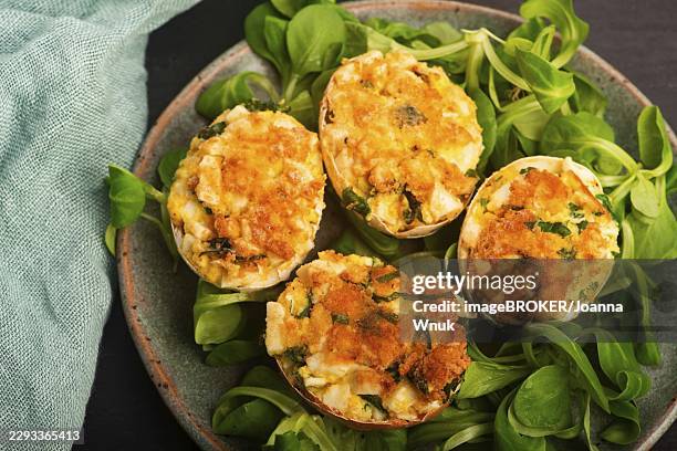 baked deviled eggs in shells with arugula on handmade ceramic plate - deviled eggs stock pictures, royalty-free photos & images