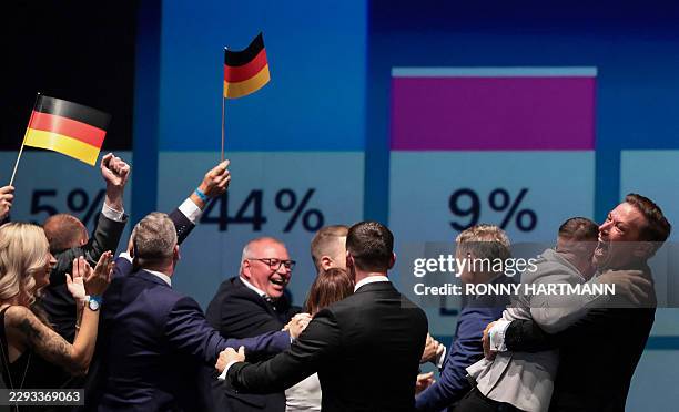 Members and supporters of the far-right Alternative for Germany party react after the first exit poll results were announced on public television at...