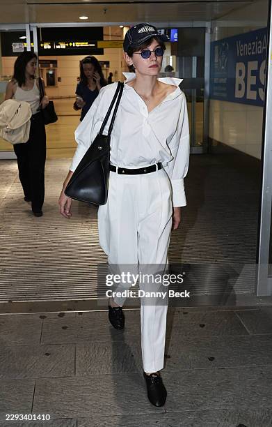 Emma Corrin is seen at Marco Polo Airport on her way to the 83rd Venice International Film Festival on September 03, 2026 in Venice, Italy.