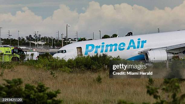 An Amazon Prime Air Boeing 767 crashes off the runway west of Miami International Airport in Miami on Sunday, Sept. 6, 2026.