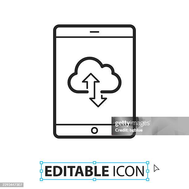 cloud download and upload with tablet pc - line editable icon on white background - using ipad white background stock illustrations