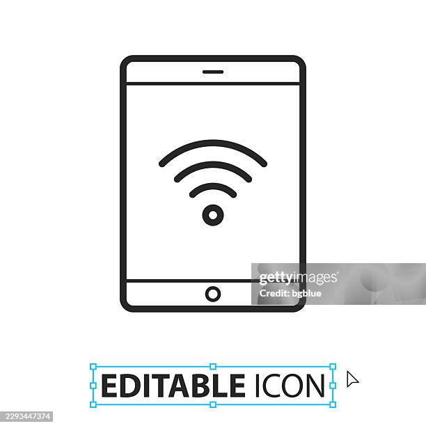 tablet pc with wifi - line editable icon on white background - using ipad white background stock illustrations