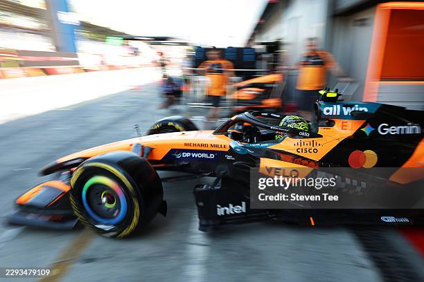 Lando Norris of Great Britain driving the McLaren MCL40 Mercedes leaves the garage during practice ahead of the F1 Grand Prix of Italy at Autodromo...