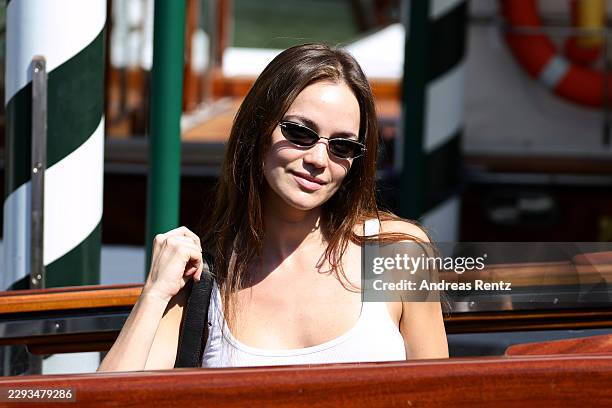 Emilia Schüle is seen at the Hotel Excelsior Venice Lido pier during the 83rd Venice International Film Festival on September 04, 2026 in Venice,...