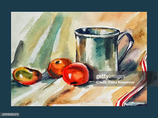 still life with tomatoes, vector colored watercolor illustration by the author. - table white cloth stock illustrations