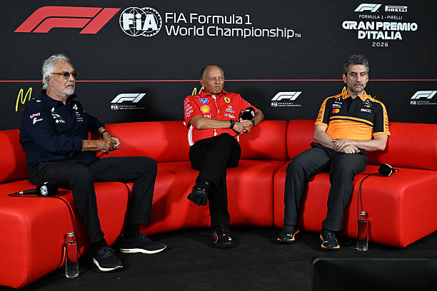 Flavio Briatore, Executive Advisor of Alpine F1 Frederic Vasseur, Team Principal of Scuderia Ferrari and Andrea Stella, Team Principal of McLaren in...