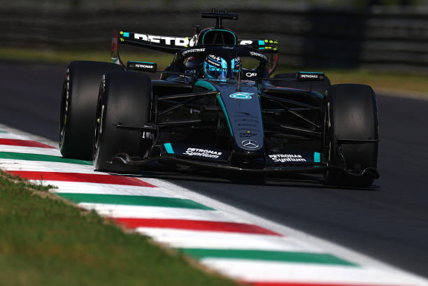 George Russell of Great Britain driving the Mercedes AMG Petronas F1 Team W17 on track during practice ahead of the F1 Grand Prix of Italy at...