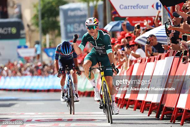 Wout Van Aert of Belgium and Team Visma | Lease a Bike - Green Points Jersey celebrates at finish line as stage winner ahead of Valentin...
