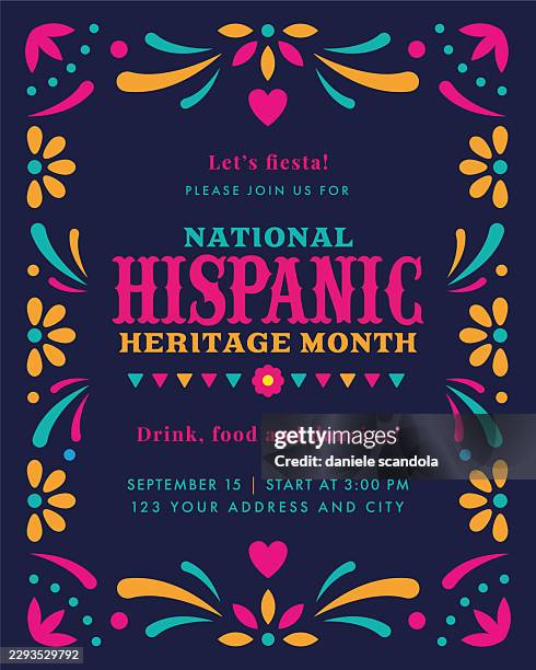 hispanic heritage month. party invitation with floral and decorative elements. - hispanic heritage month stock illustrations