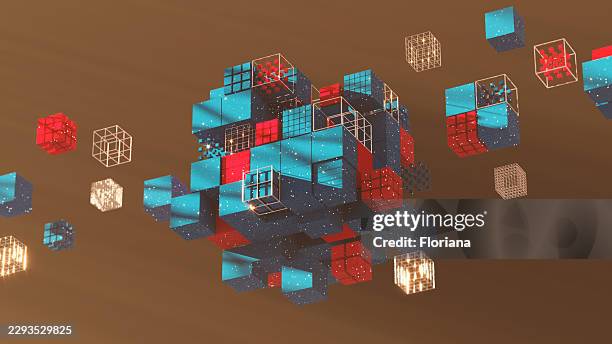 floating geometric modular cubes with sparkles and wireframe elements - quantum computing, big data, and artificial intelligence concept - modular system stock pictures, royalty-free photos & images