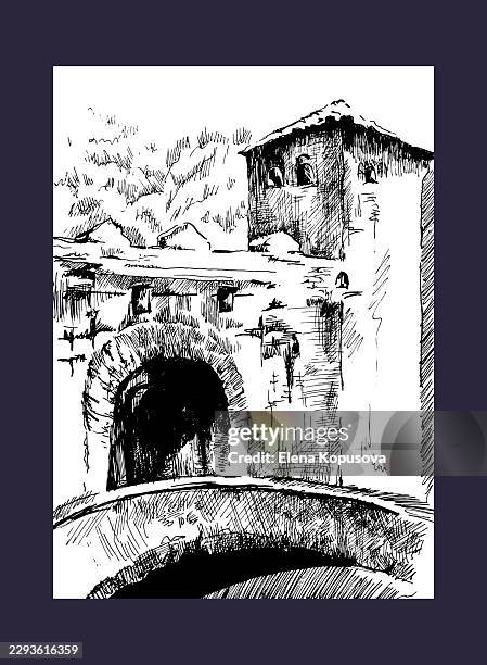 ancient architecture, a fortress with a bridge, vector graphic illustration by the author. - castle gate stock illustrations