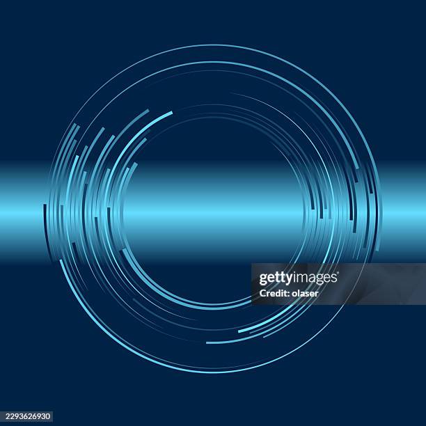 glowing blue circular rings and segmented arcs surround a central dark opening, set against a deep navy background with a bright horizontal light band across the middle. - green screen background stock illustrations