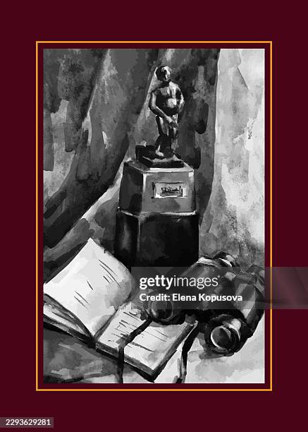 still life with a figurine, binoculars, and a book - white table background stock illustrations
