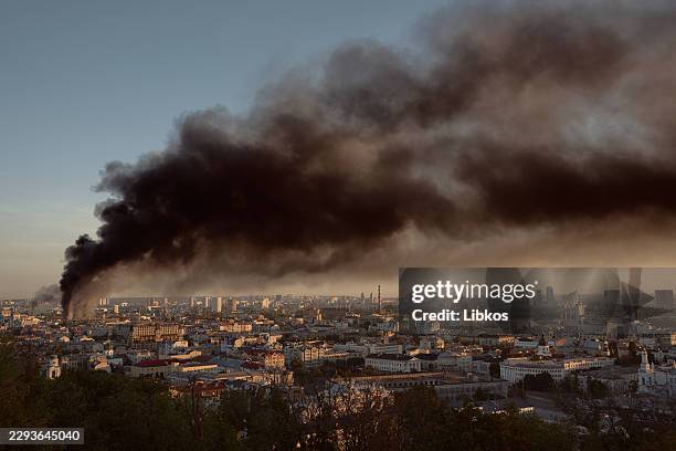 Smoke rises from a fire in the aftermath of a Russian missile and drone attack on September 8, 2026 in Kyiv, Ukraine. According to local authorities,...