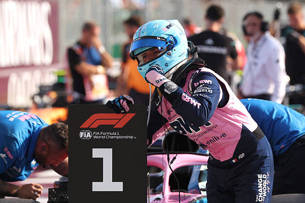 Pole position qualifier Pierre Gasly of France and Alpine F1 celebrates on arrival in parc ferme during qualifying ahead of the F1 Grand Prix of...