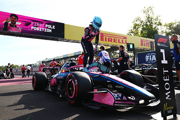 Pole position qualifier Pierre Gasly of France and Alpine F1 celebrates on arrival in parc ferme during qualifying ahead of the F1 Grand Prix of...