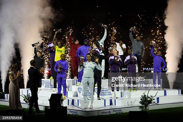 Audrey Werro of Team Switzerland and other event winners receive their trophies during the Allianz Memorial Van Damme, part of the 2026 Wanda Diamond...