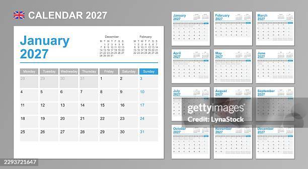 uk calendar for 2027. week starts on monday. simple vector template. business design planner. - program template stock illustrations