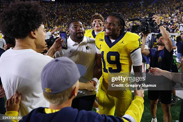 Bryce Underwood of the Michigan Wolverines celebrates after a 13-12 win over the Western Michigan Broncos at Michigan Stadium on September 05, 2026...