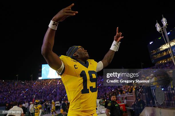 Bryce Underwood of the Michigan Wolverines celebrates after a 13-12 win over the Western Michigan Broncos at Michigan Stadium on September 05, 2026...