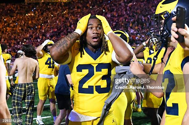 Markel Dabney of the Michigan Wolverines reacts after winning a college football game against the Western Michigan Broncos at Michigan Stadium on...