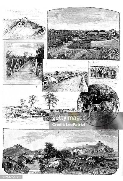 tonkin railway construction scenes including bridges, stations and landscapes - bridge under construction stock illustrations