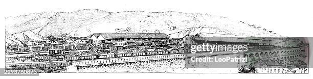 trains loaded with raw materials arriving at an expansive industrial complex - shipyard containers stock illustrations