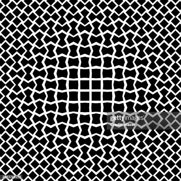 black and white repeating lattice pattern with a warped central grid, creating a dense geometric mesh that tightens toward the middle of the image. - tangle pattern stock illustrations