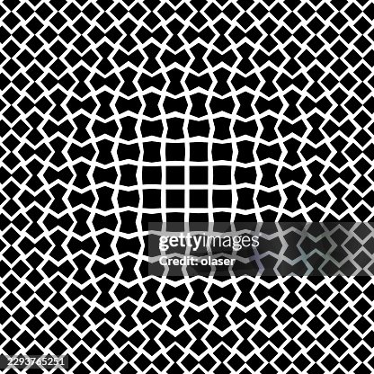 Black and white repeating lattice pattern with a warped central grid, creating a dense geometric mesh that tightens toward the middle of the image. Black and white repeating lattice pattern with a warped central grid, creating a dense geometric mesh that tightens toward the middle of the image.