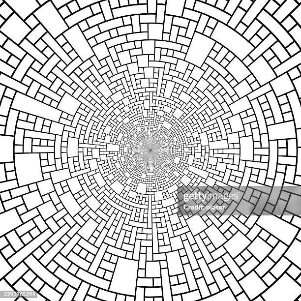 black-and-white geometric pattern of small rectangular tiles arranged in concentric circular rings, creating a dense tunnel-like spiral effect with strong radial symmetry. - water system stock illustrations