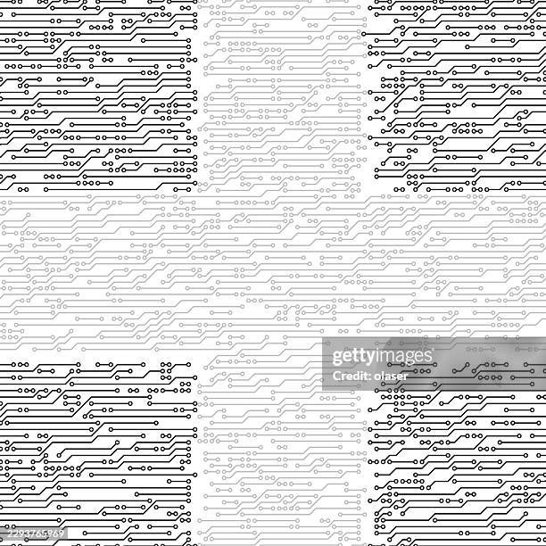 monochrome circuit-like line pattern with repeating horizontal traces and small circular nodes across a white background. - science technology engineering math stock illustrations