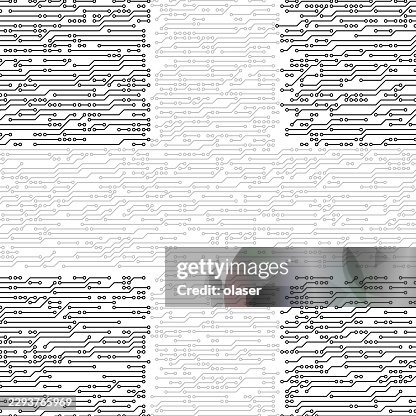 Monochrome circuit-like line pattern with repeating horizontal traces and small circular nodes across a white background. Monochrome circuit-like line pattern with repeating horizontal traces and small circular nodes across a white background.
