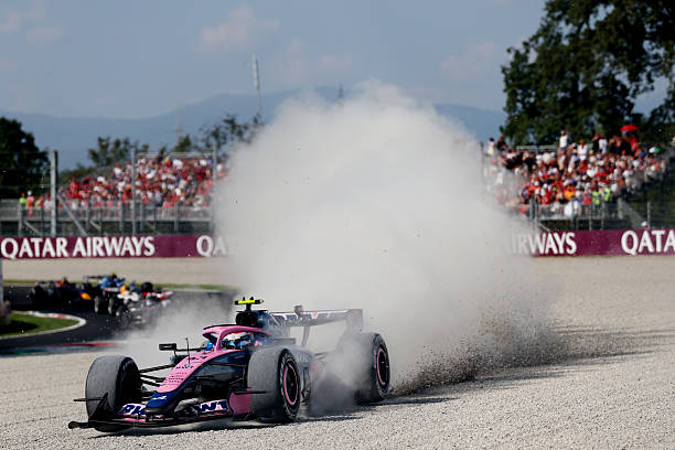 Franco Colapinto of Argentina driving the Alpine F1 A526 Mercedes runs through the gravel at the restart during the F1 Grand Prix of Italy at...