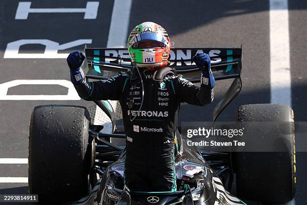 Race winner Andrea Kimi Antonelli of Italy and Mercedes AMG Petronas F1 Team celebrates in parc ferme during the F1 Grand Prix of Italy at Autodromo...