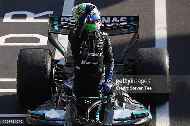 Race winner Andrea Kimi Antonelli of Italy and Mercedes AMG Petronas F1 Team celebrates in parc ferme during the F1 Grand Prix of Italy at Autodromo...