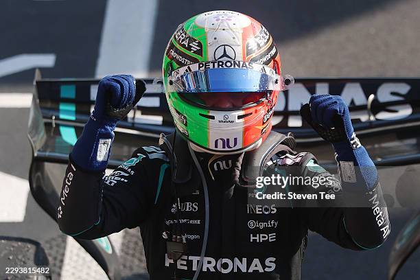 Race winner Andrea Kimi Antonelli of Italy and Mercedes AMG Petronas F1 Team celebrates in parc ferme during the F1 Grand Prix of Italy at Autodromo...