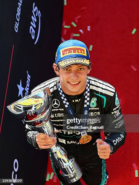 Race winner Andrea Kimi Antonelli of Italy and Mercedes AMG Petronas F1 Team on the podium with his trophy during the F1 Grand Prix of Italy at...