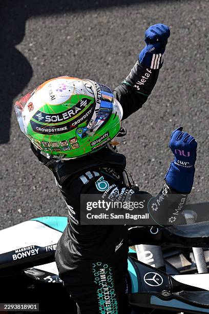 Race winner Andrea Kimi Antonelli of Italy and Mercedes AMG Petronas F1 Team celebrates on arrival in parc ferme during the F1 Grand Prix of Italy at...