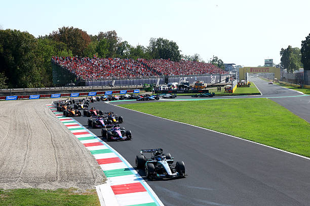 George Russell of Great Britain driving the Mercedes AMG Petronas F1 Team W17 leads Pierre Gasly of France driving the Alpine F1 A526 Mercedes Franco...