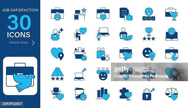 job satisfaction vector icon set. pixel perfect. editable stroke. stock illustration. icon symbol, employee, workplace, environment, color - commentator stock illustrations