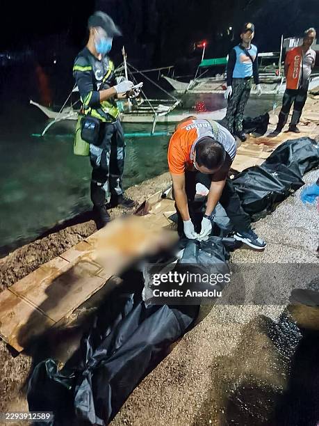The remains of the ferry MV June Aster are seen following a fire that broke out aboard the vessel in waters off Palawan, Philippines, on September...