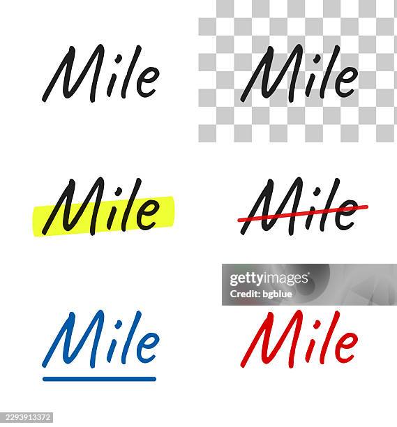 mile - handwritten text, highlighted, crossed out, underlined on blank background - mile marker stock illustrations