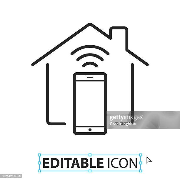 smart home with smartphone - line editable icon on white background - checking phone outside stock illustrations