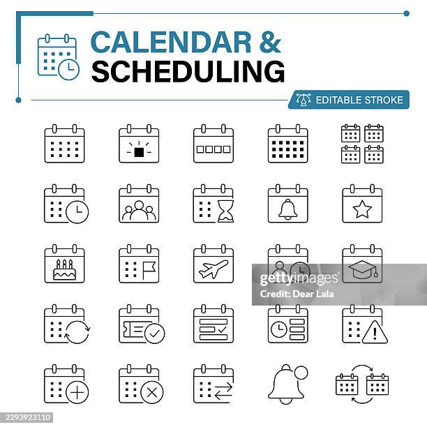 calendar & scheduling editable stroke line icon set – appointment, meeting, deadline, reminder and time management - work shift change stock illustrations