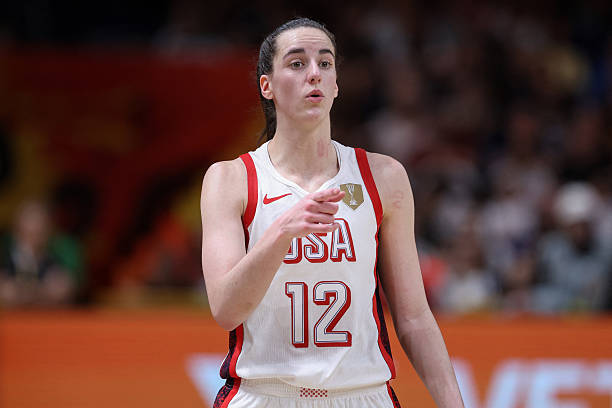 S guard Caitlin Clark reacts during the 2026 FIBA Women's Basketball World Cup quarter-final match between USA and Hungary at the Berlin Arena in...