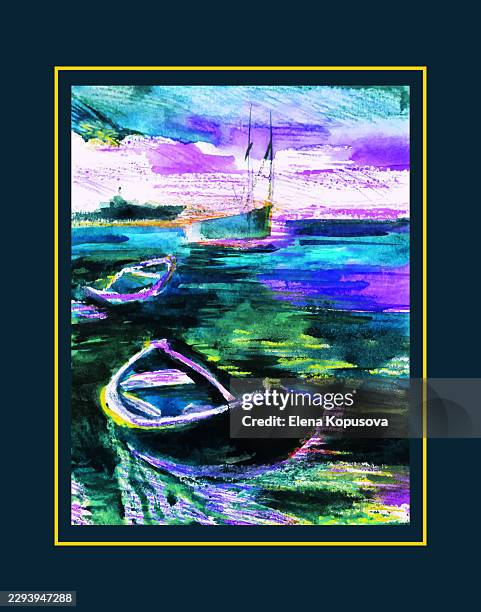 seascape with ships and a boat, original illustration. vector colored illustration in mixed media. - beach dock stock illustrations